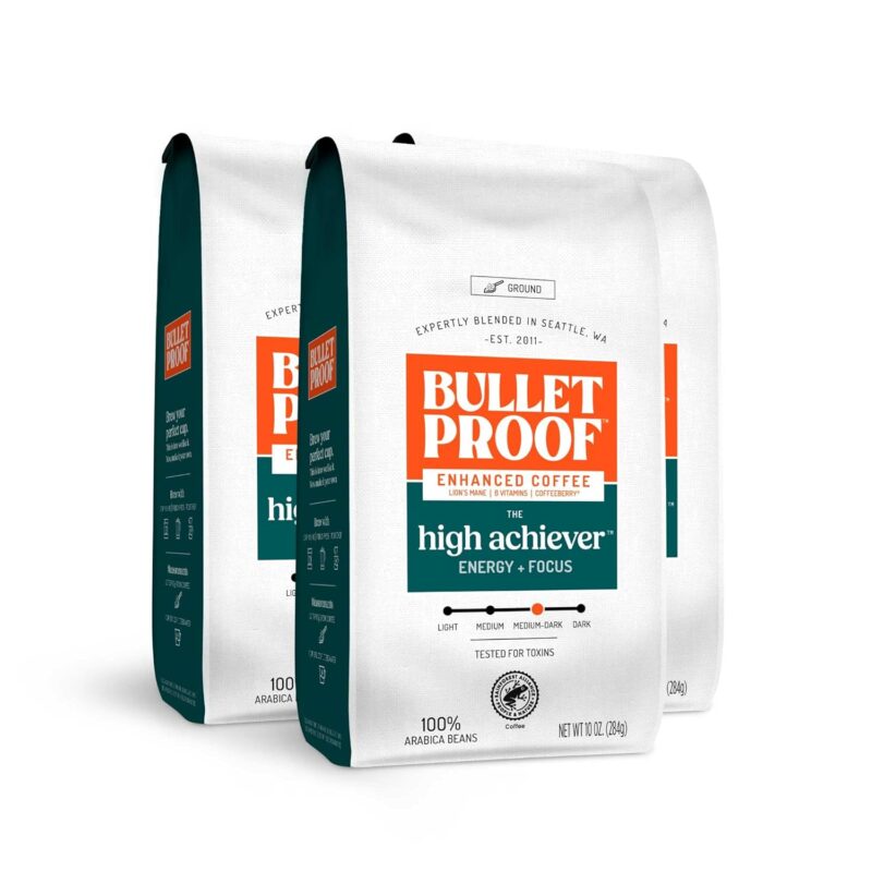 Bulletproof The High Achiever Ground Coffee, 10 Ounces (Pack of 3), Medium-Dark Roast Enhanced Coffee with Lion's Mane Mushroom, B Vitamins, and Adaptogens for Energy and Focus