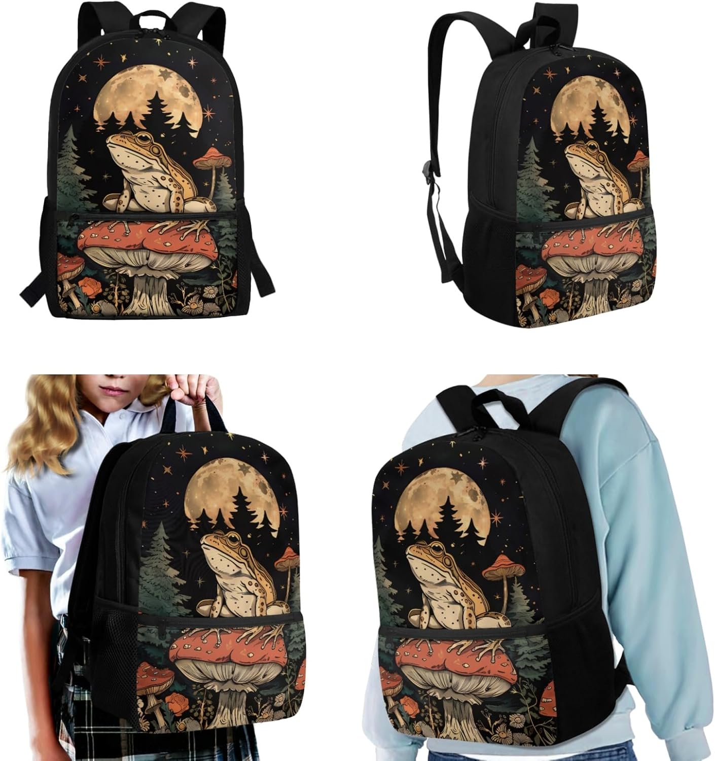 71VcuXj-YeL._AC_SL1500_.jpg Mushroom Frog Backpacks with Lunch Bags for Kids Girls Bookbags Daypack Lunchbox,Pencil Case,Water Bottle Holder Middle Elementary School Book Bags 10-12 Rucksack Satchel Schoolbag-4 PCS - Image 2