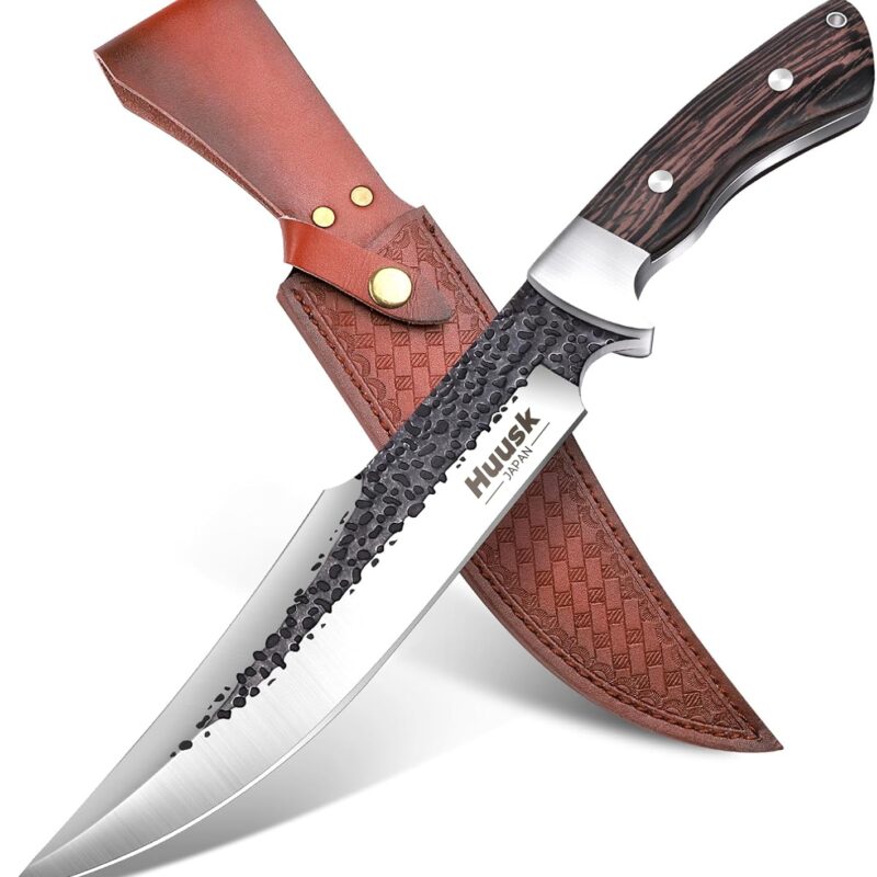 Huusk Fixed Blade Bowie Knife - 8" Hunting Knife with Sheath, Full Tang Survival Knives with Ergonomic Wood Handle, Outdoor Bushcraft Knives for Camping Hiking Fishing BBQ, Father's Day Gifts Box