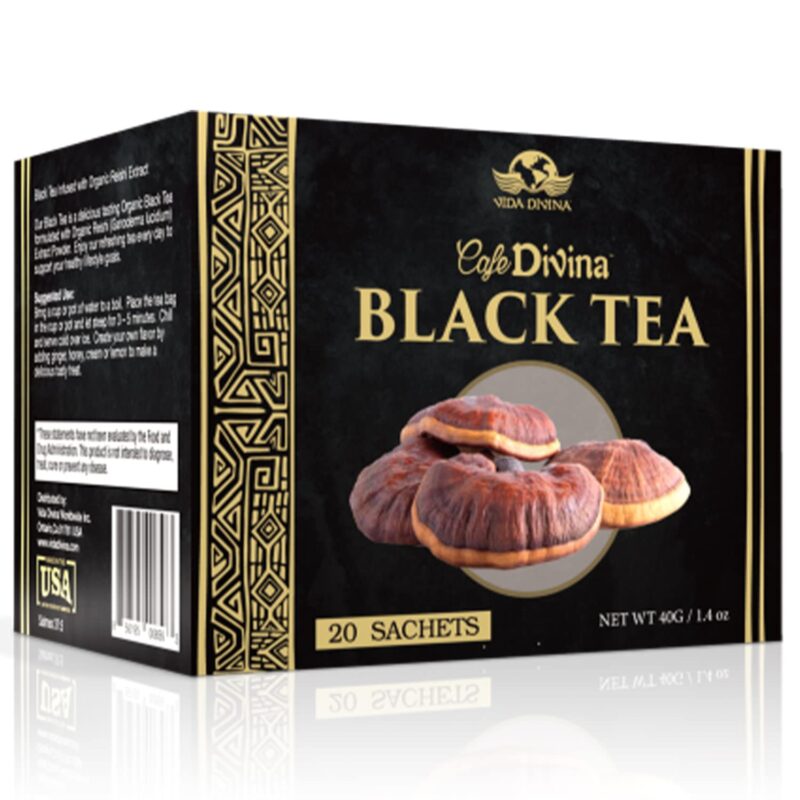 Vida Divina Black Tea - Reishi-Infused Blend for Sun, Iced or Afternoon - Supports a Healthy Lifestyle with Less Caffeine - Enjoy with 20 Sachets