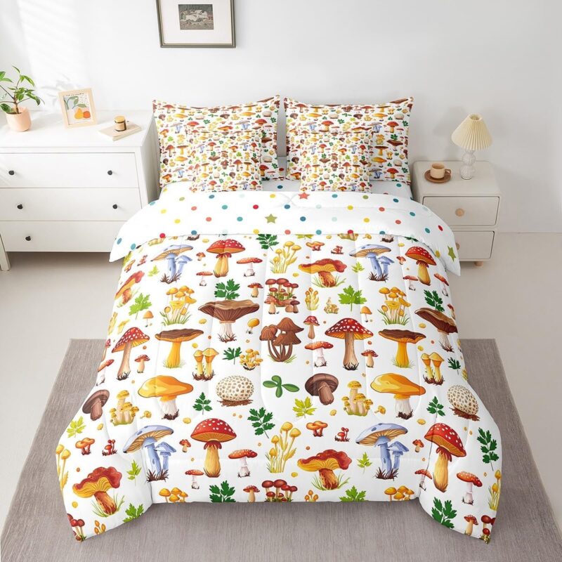 Feelyou Kids Cute Mushroom Decor Comforter Set with Sheets 7 Piece Cartoon Mushrooms Bedding Set Full Size for Boys Girls Teens Kawaii Fungus Bed in a Bag Wild Mushroom Stuff Bed Set