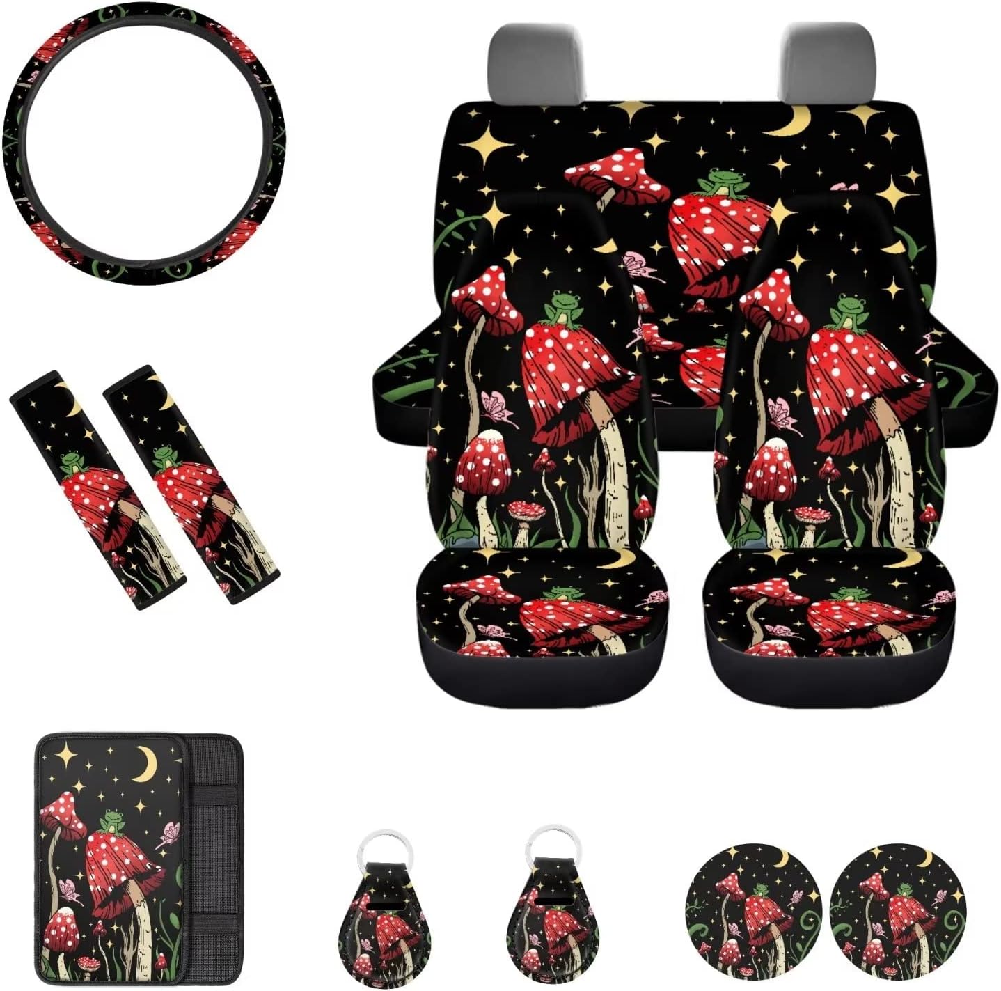 71W06-EOugL._AC_SL1500_.jpg POLERO Moon Star Mushroom Frog Car Seat Covers Car Accessories Interior Aesthetic Full Set 12 Pcs Gift with Keychains & Coasters Fit Most Cars Auto Vehicles
