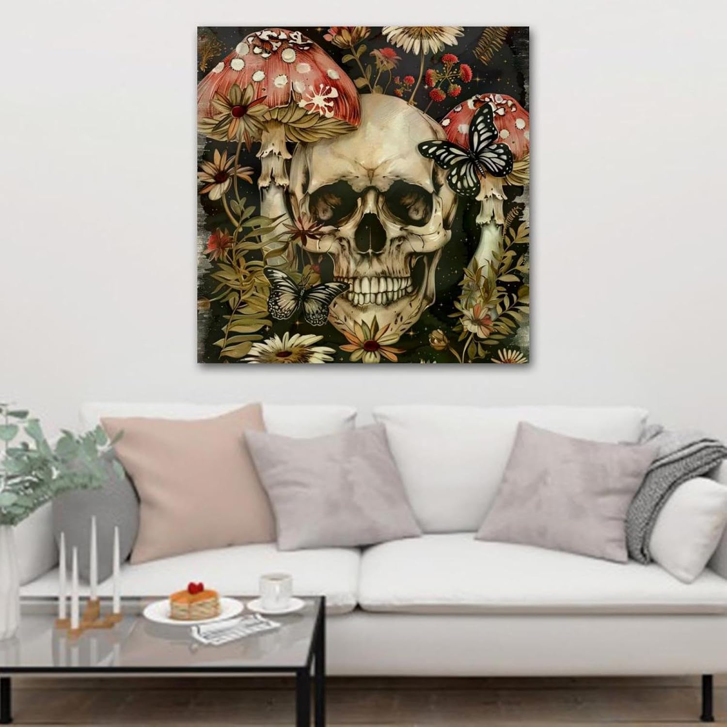 71W7cBTf6iL._AC_SL1500_.jpg Framed Canvas Wall Art Mushroom Butterfly Skull Oil Painting Artwork Picture Posters Wall Decor for Living Room Bedroom Bathroom Office Home Decoration 24x24 in - Image 4