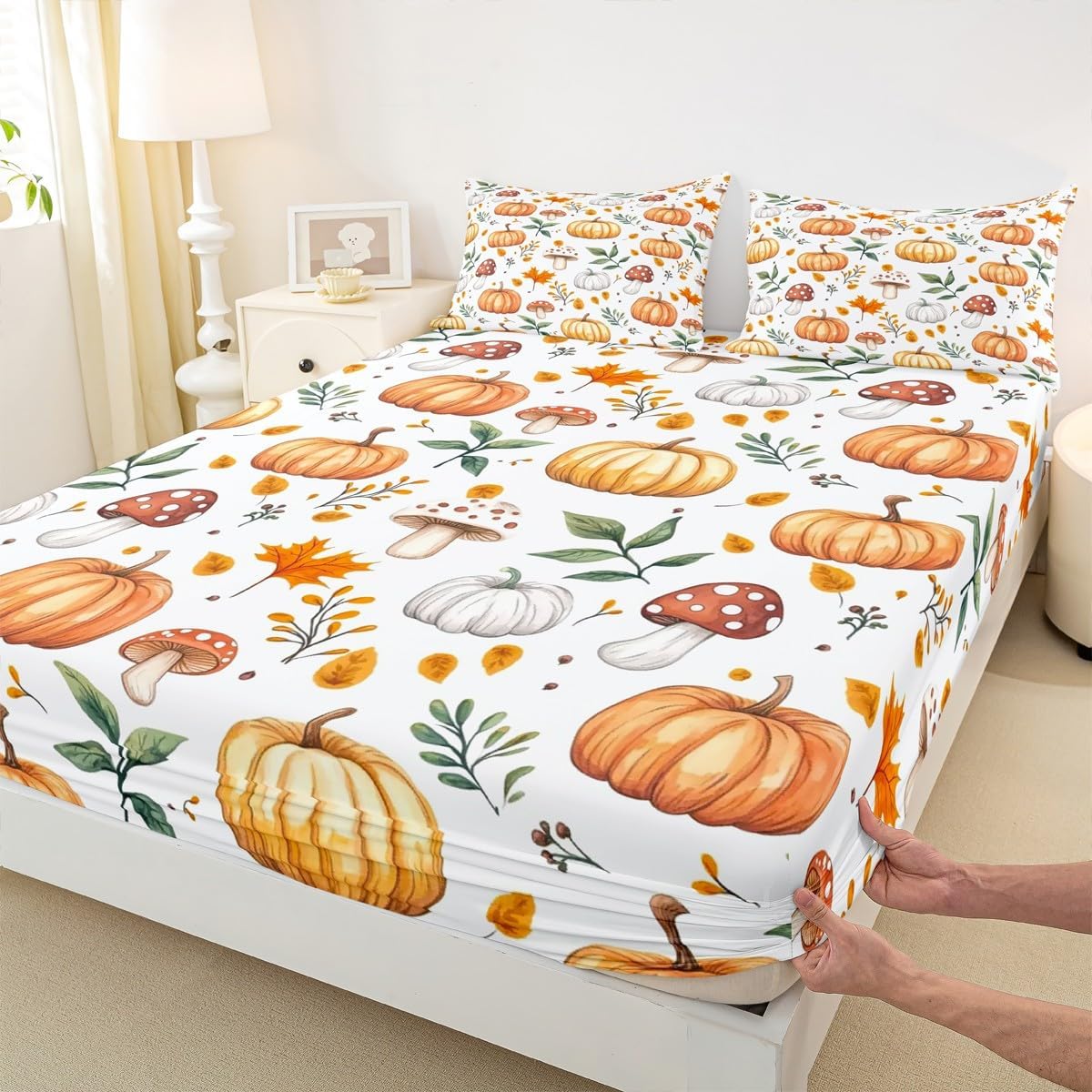 71WDKJj8KZL._AC_SL1200_.jpg Feelyou Fall Sheet Set Queen Size Kids Pumpkin Mushroom Sheets with Deep Pocket Fitted Sheet for Boys Teens Maple Leaf Bed Sheets Set Breathable Autumn Decorations White Bedding Set Room Decor - Image 7
