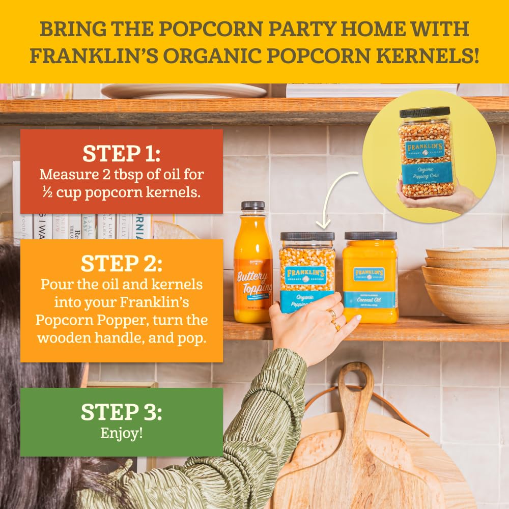 71WXiUCa9dL._SL1000_.jpg Franklin’s Gourmet Popcorn Organic Popcorn Kernels for Popping - 28oz Tub Pack of 2 - Made in USA, Non-GMO & All-Natural - Old Fashioned Unpopped Popcorn Kernels for Popcorn Machine - Image 2