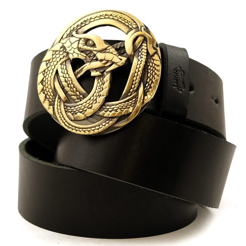Leather belt with scandinavian buckle Ouroboros, World Serpent, Scandinavian, Nordic, Celtic, Norse dragon, solid brass belt buckle