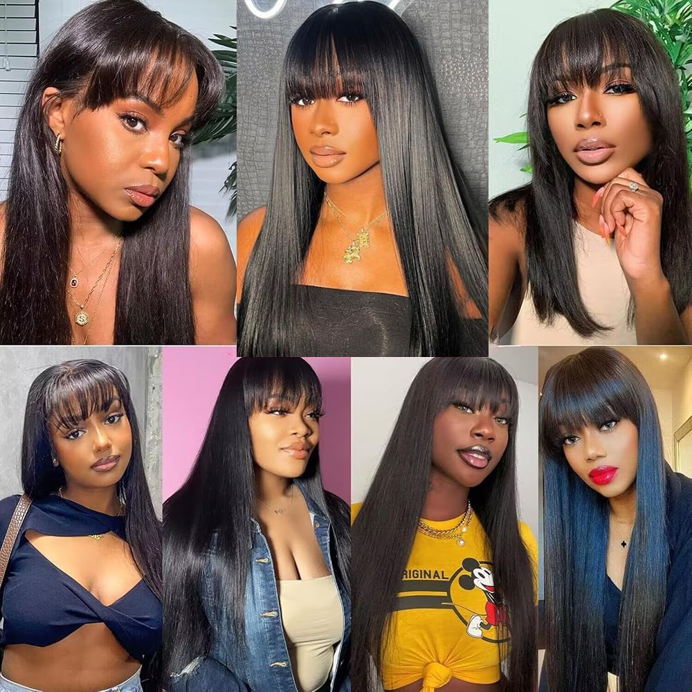 71X2Ev-No0L._SL1000_.jpg Lzlefho Straight Wigs Human Hair with Bangs 180% Density Brazilian Virgin Human Hair Wigs Glueless Bangs Wigs for Women None Lace Front Wigs Human Hair Natural Black (18inch) - Image 8