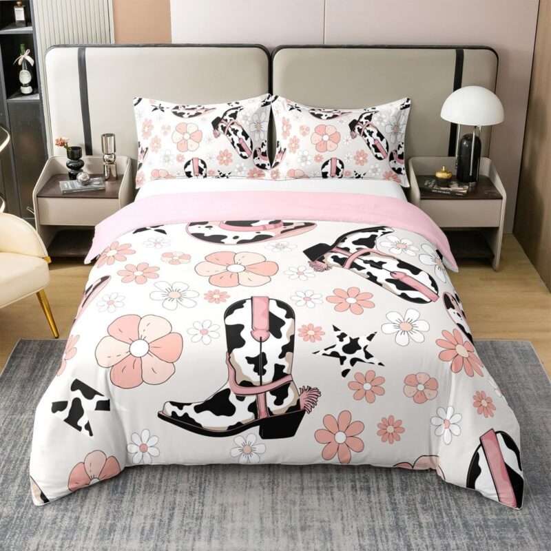Erosebridal Cowboy Hat 100% Cotton Duvet Cover Queen Size, Boots Cow Pattern Western Soft Comforter Cover, Cowgirl Flowers Printed Kids Adults Bedding Set for Bedroom, Black Pink BohoQuilt Cover