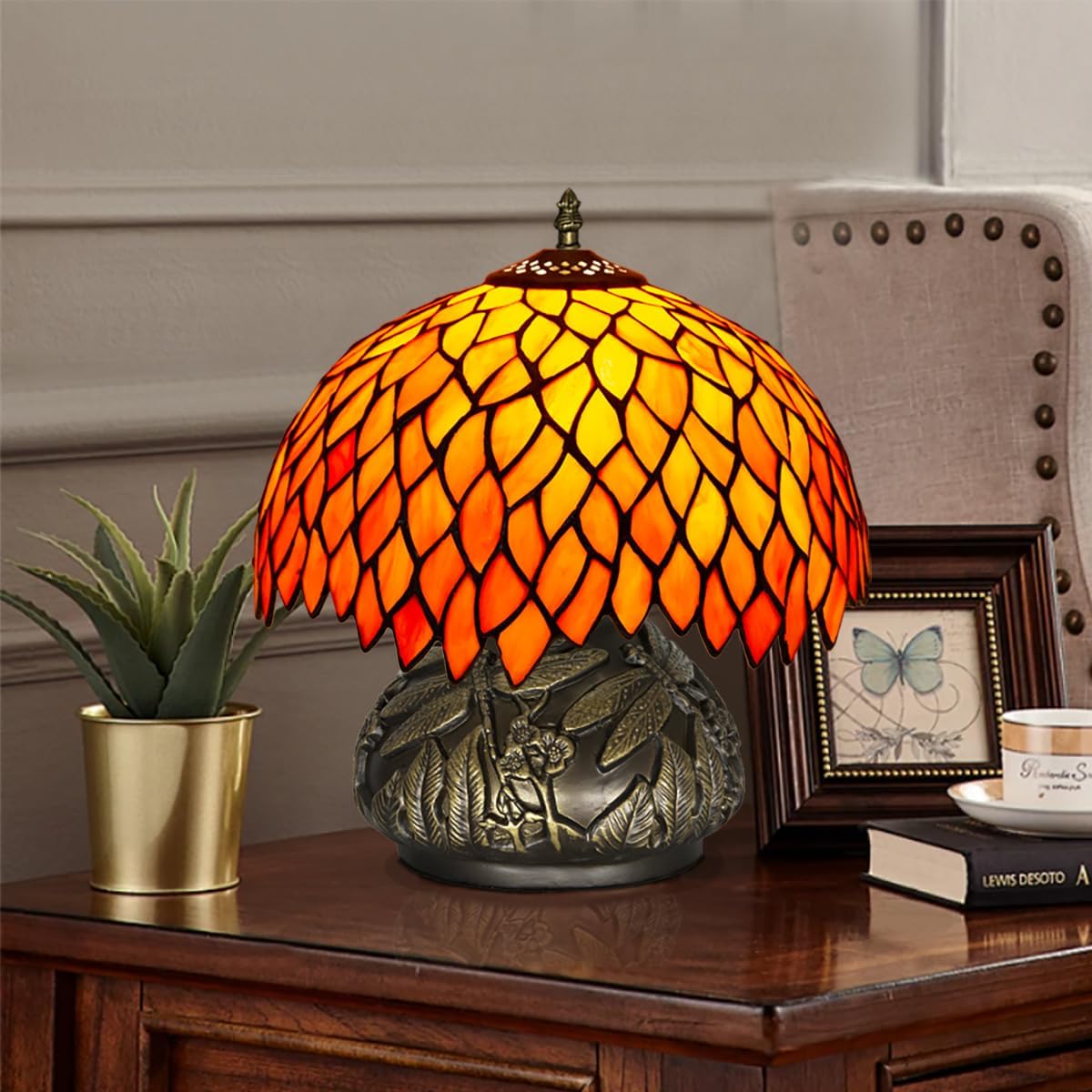 71XFmEAHkuL._AC_SL1200_.jpg Tiffany Style Table Lamp,12x14 inches Stained Glass Lamp with Remote Control, Regulation Colors Temperature and Brightness,Orange Style Tiffany Mushroom Lamp for Bedside - Image 2
