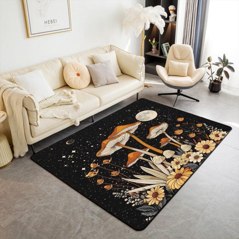 Castle Fairy Mushroom Rug 3'x5',Watercolor Flowers Decor Area Rug for Girls Women Men Teens,Gothic Nature Burgundy Plant Non Shedding Rug for Bedroom Playroom Living Room