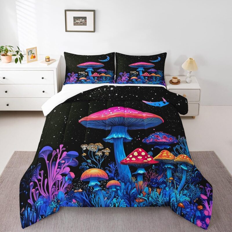 Feelyou Cute Mushroom All Season Down Comforter Galaxy Cartoon Red Blue Mushrooms Comforter Set for Boys Girls Kids Kawaii Fungus Bedding Set Wild Botanical Quilt Room Decor Twin Size 2Pcs Boys