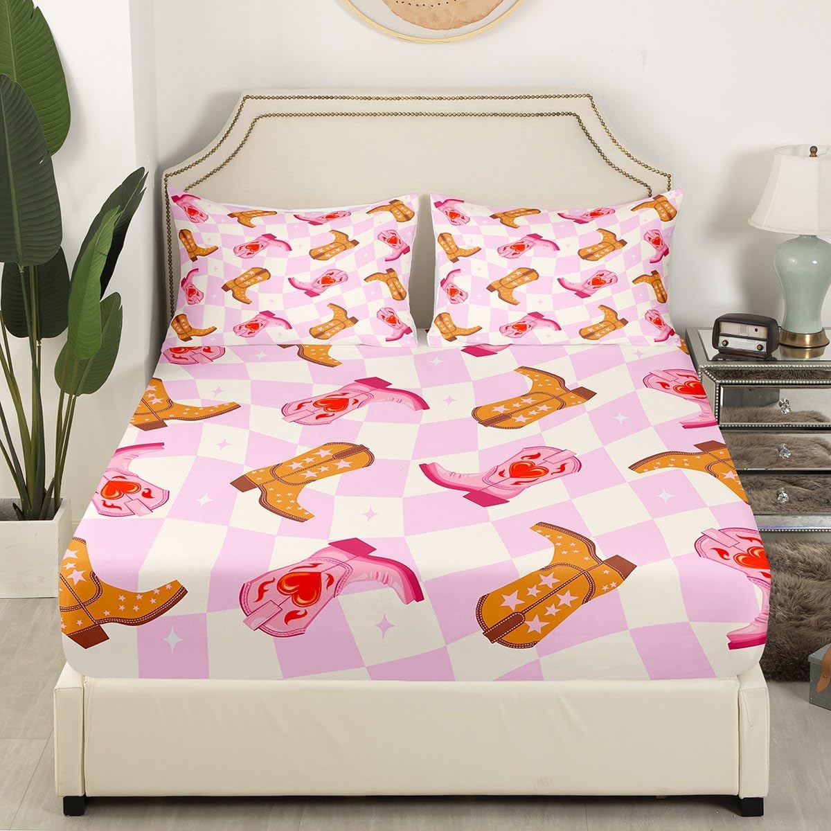 71Z0cltMJL._AC_SL1200_.jpg Manfei Cowgirl Boots Bedding Set for Girls Boys Southwest Cowboys Fitted Sheet Pink Grid Checker Geometry Bed Cover Room Decor Pink Beige Brown Sheet Set with 2 Pillowcase,No Top Flat,Queen - Image 2
