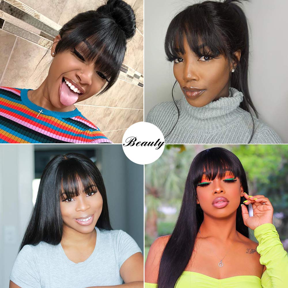71ZZDcOHNhL._SL1000_.jpg Lzlefho Straight Wigs Human Hair with Bangs 180% Density Brazilian Virgin Human Hair Wigs Glueless Bangs Wigs for Women None Lace Front Wigs Human Hair Natural Black (18inch) - Image 3