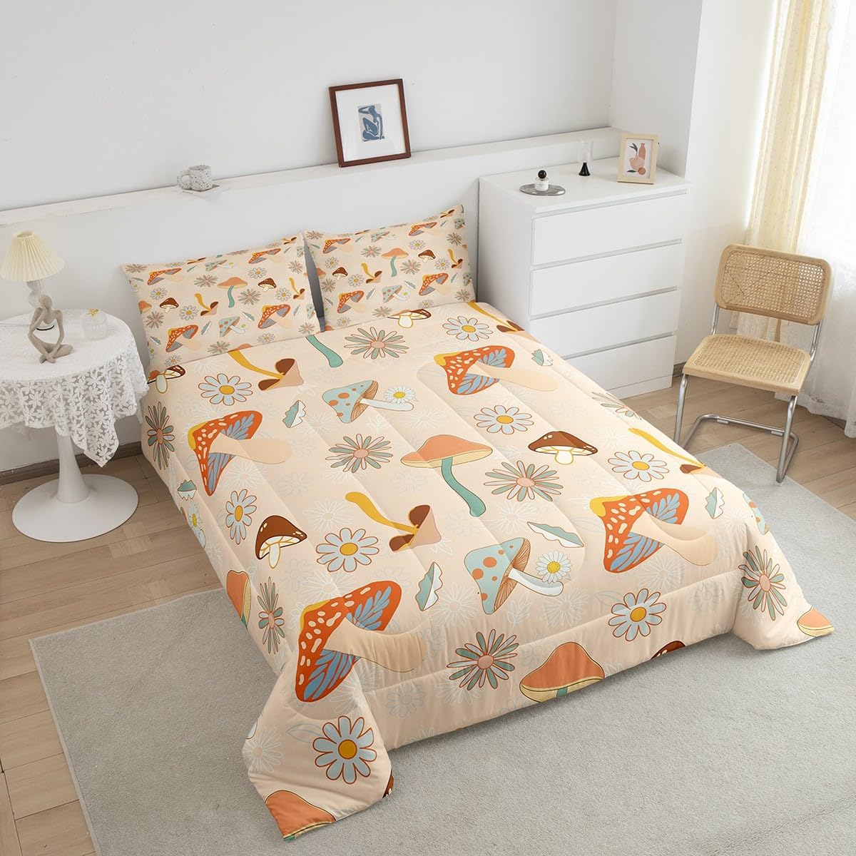 71ZfeZ7RhcL._AC_SL1200_.jpg Castle Fairy 60s 70s Retro Mushroom Twin Size Comforter Set,Groovy Flowers Floral Duvet Set with 1 Pillowcase for Kids BoysBoho Art Soft Microfiber Bedding Comforters - Image 5