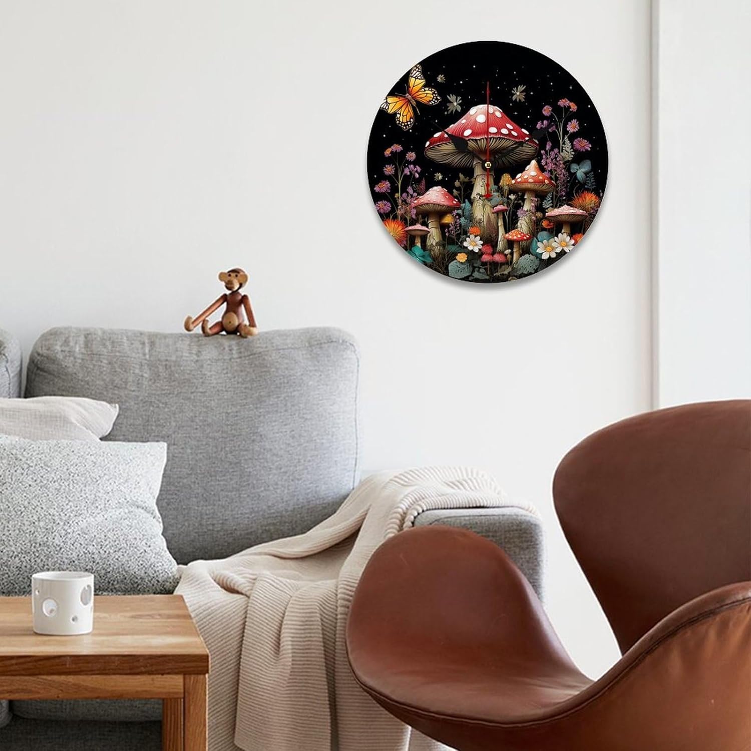 71a5WWdk9L._AC_SL1500_.jpg Decorative Round Wooden Wall Clock Mushrooms and Butterflies on Black Background Modern Frameless No Scale Clock Non Ticking Clock Time Clocks for Home Bedroom Office Living Room 23.6 Inches - Image 4