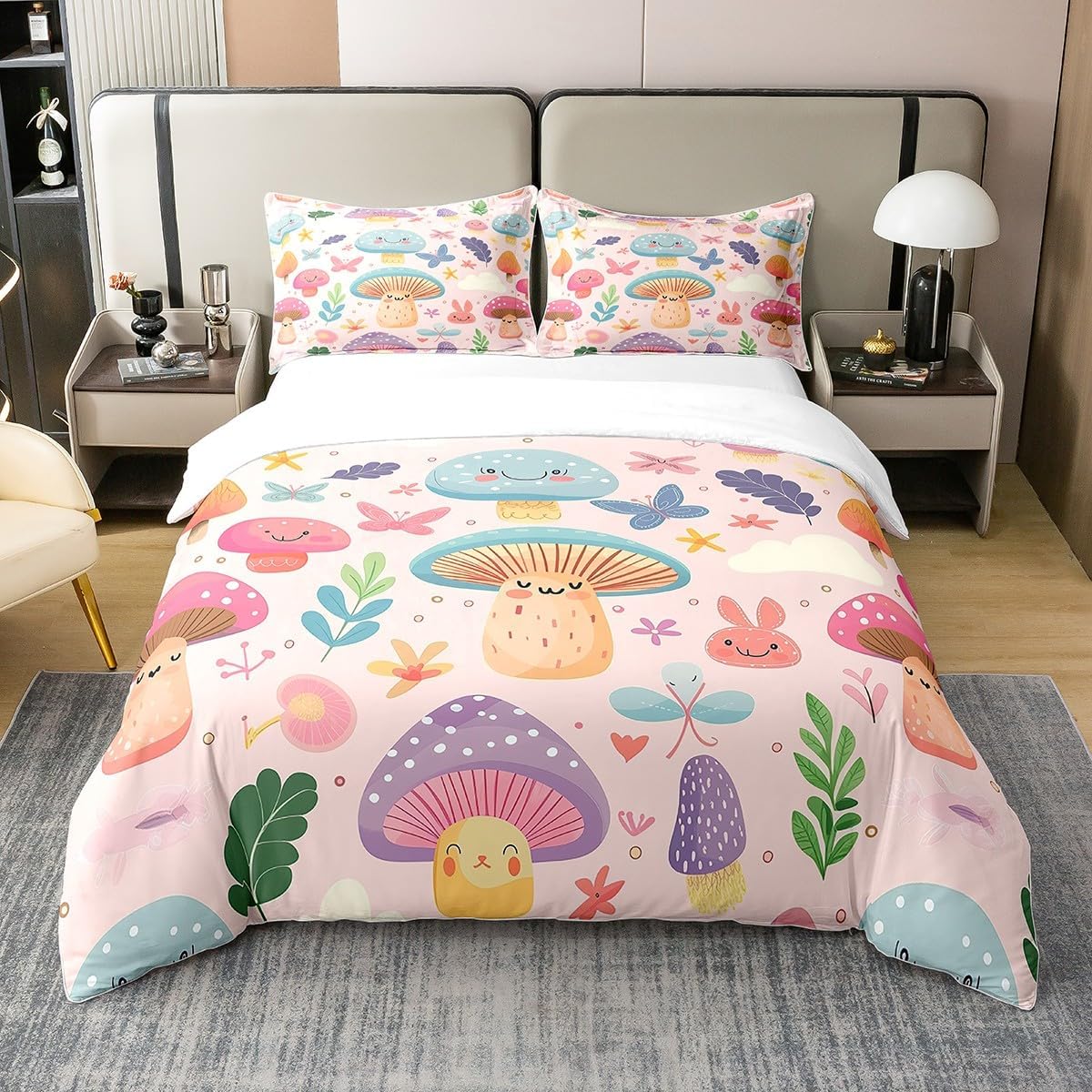 71a8U2T6HpL._AC_SL1200_.jpg Funny Mushroom 100% Organic Cotton Bedding Set Twin Size Hippie Botanical Duvet Cover Cartoon Mushrooms Comforter Cover Butterfly Flower Bedspread Cover with 1 Pillowcase(No Comforter)