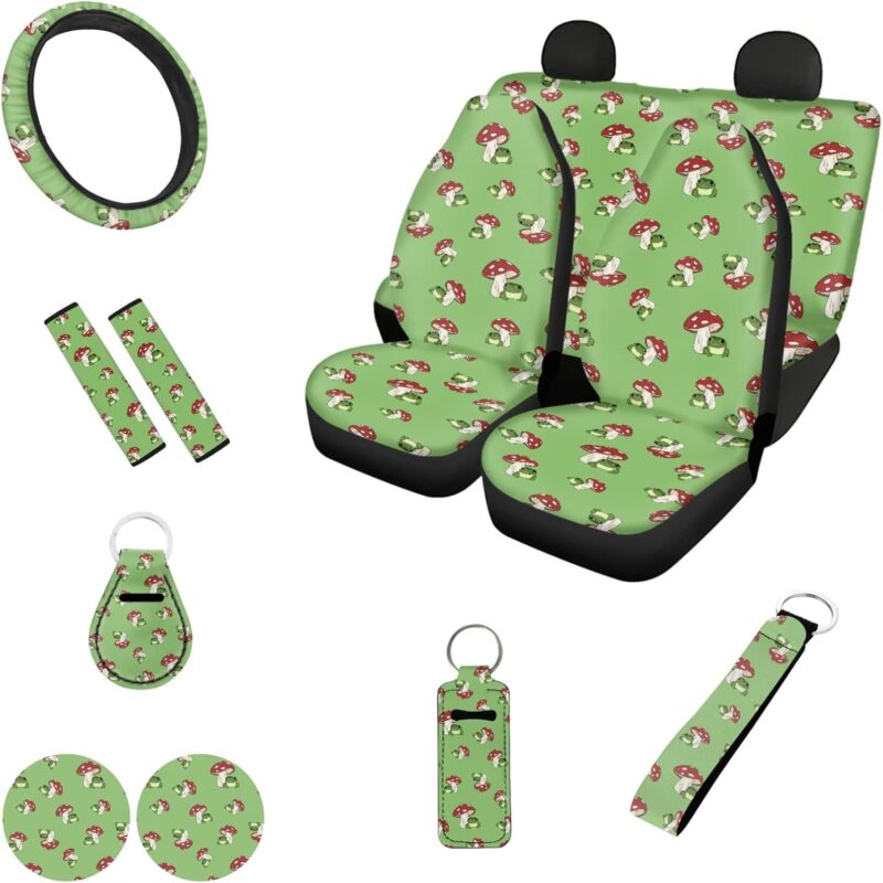 Cartoon Mushroom Frog Car Front and Rear Split Bench Car Seat Cover, Red Mushrooms Car Cup Coaster, Green 12 Pcs Steering Wheel Cover, Seat Belt Cushions Shoulder Pad