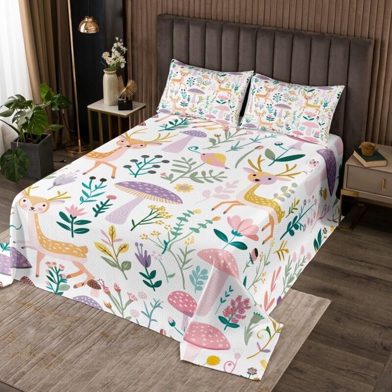 jejeloiu Woodland Creature Quilted Coverlet Twin Size Cute Deer Bedspread for Boys Girls Children Mushrooms Coverlet Set Room Decor Breathable Soft Microfiber All Season 2Pcs