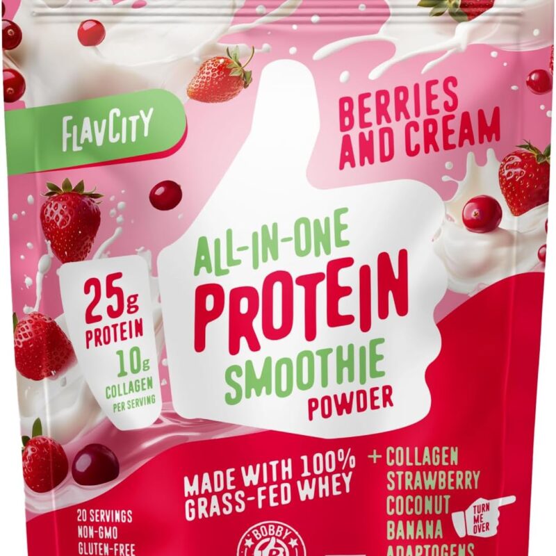 FlavCity Protein Powder Smoothie, Berries & Cream - 100% Grass-Fed Whey with Collagen (25g of Protein) - Gluten Free & No Added Sugars (38.73 oz)