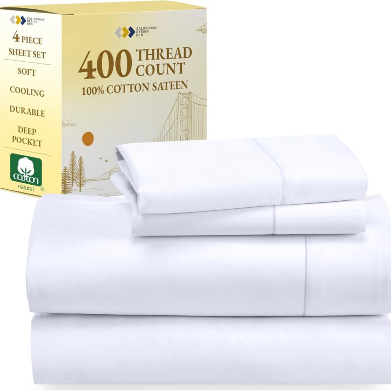 California Design Den Natural 100% Cotton Sheets Queen Size Bed Set - Soft 400 Thread Count Sateen, Queen Sheets, Deep Pockets with All Around Elastic for a Snug Fit, Cool & Durable Bedding - White