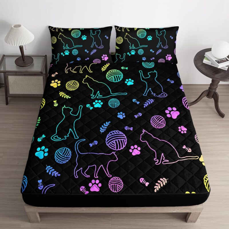 Axolotl Neon Cat Twin Size Waterproof Mattress Protector,Ball Mattress pad Cover,Cat Claws Bones Mattress Cover Stretches Up to 16 Inches Deep for Kids Boys Girls,1 Mattress Protector 2 Pillowcases