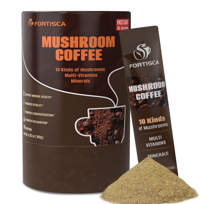 Mushroom Coffee 10 Mushrooms (Lion's Mane, Cordyceps, Turkey Tail & Other) Ashwagandha Magnesium Multi-Vitamins, Instant Coffee Powder for Energy, Digestion & Immune Support, 30 Servings