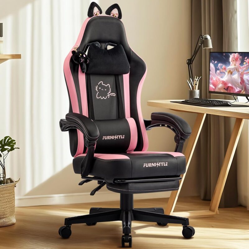 Gaming Chair with Footrest, Comfy Girly Video Game Chairs with Cat Ears Pocket Spring Cushion Massage Lumbar Support & Headrest, Ringing Accessories Cute Leather Ergonomic Computer Chair, Black/Pink