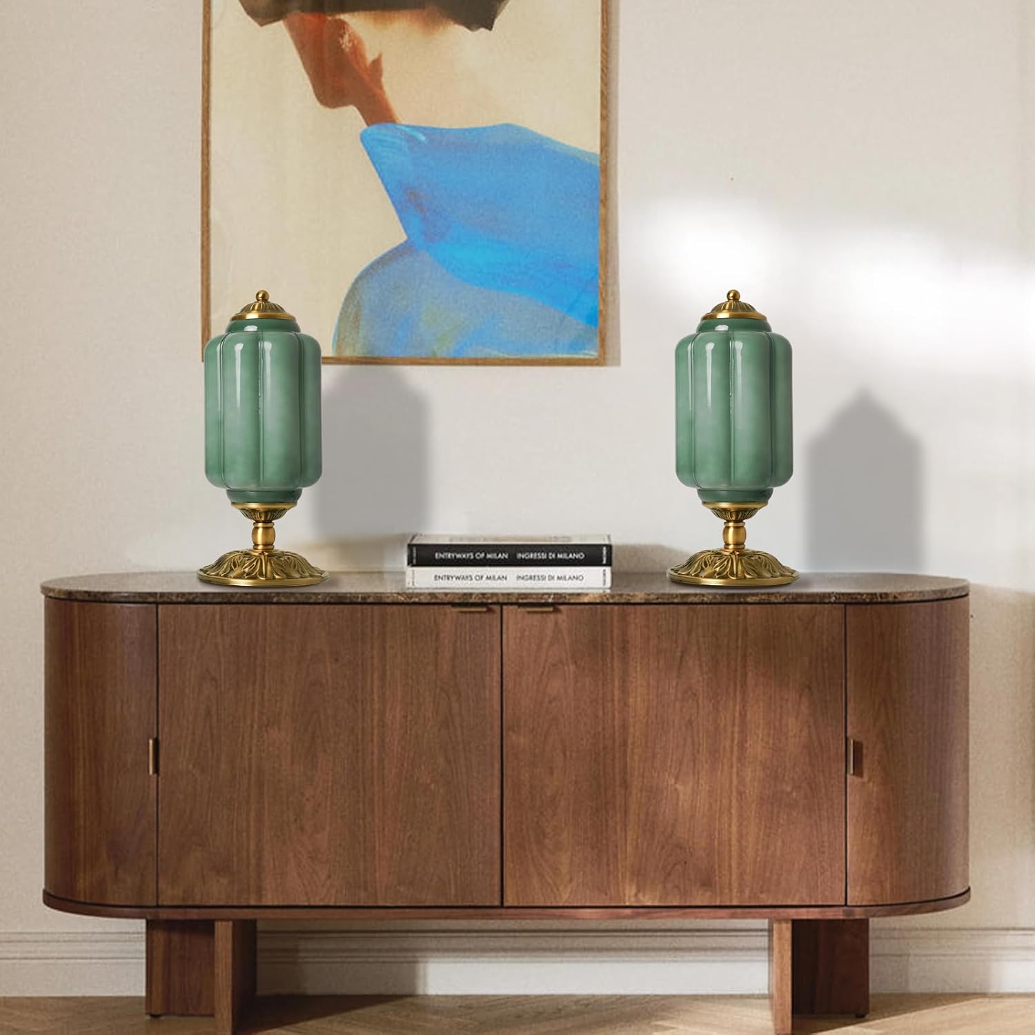 71fTk2riJ2L._AC_SL1500_.jpg Milk Glass Table Lamp - Modern Farmhouse Design with Antique Brass Finish Base, Green Desk Light for Living Room & Bedroom Decor (Green 15") - Image 4