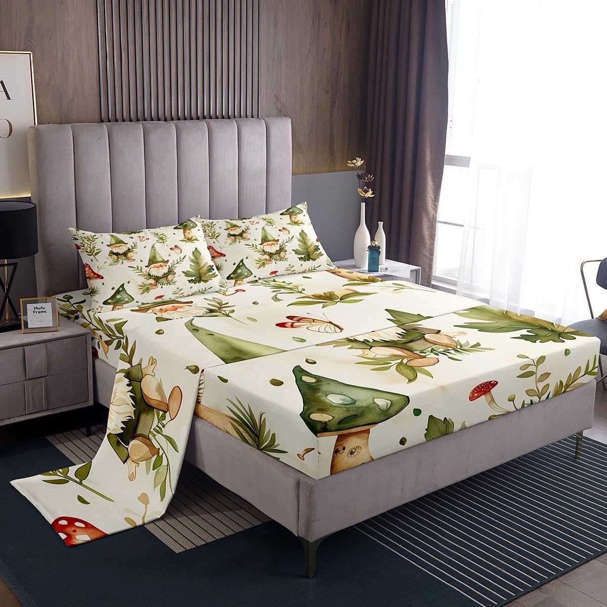 71g4hEVk4QL._AC_SL1200_.jpg Erosebridal Kawaii Gnomes Bed Sheets Set Queen,Mushroom Wild Plants Bedding Set for Kids Boys Girls,Spring Gnomes Top Sheet,Botanical Leaves Butterfly Green Sheet Set 4 Pcs with 2 Pillow Cases