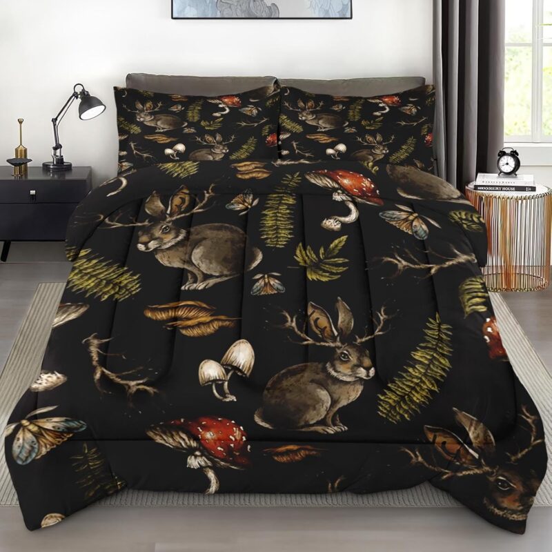 Comforter Set Full Size, Vintage Mushroom Botanical Rabbit, Bedroom Decor Witch Flower Spring Floral for Kids and Adults Soft Cozy Bed Bedding Set