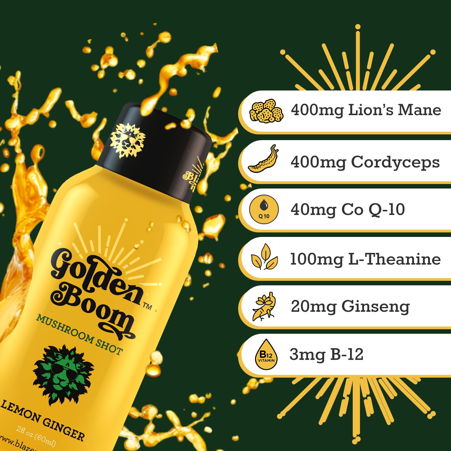 71gTa9mD3PL._SL1500_.jpg Blaze N Chill Golden Boom Mushroom Shot – Focus & Endurance Drink with Lion's Mane, Cordyceps, B-12 & Ginseng – Natural Mushrooms - Lemon Ginger (2fl oz, 6 pack) - Image 2