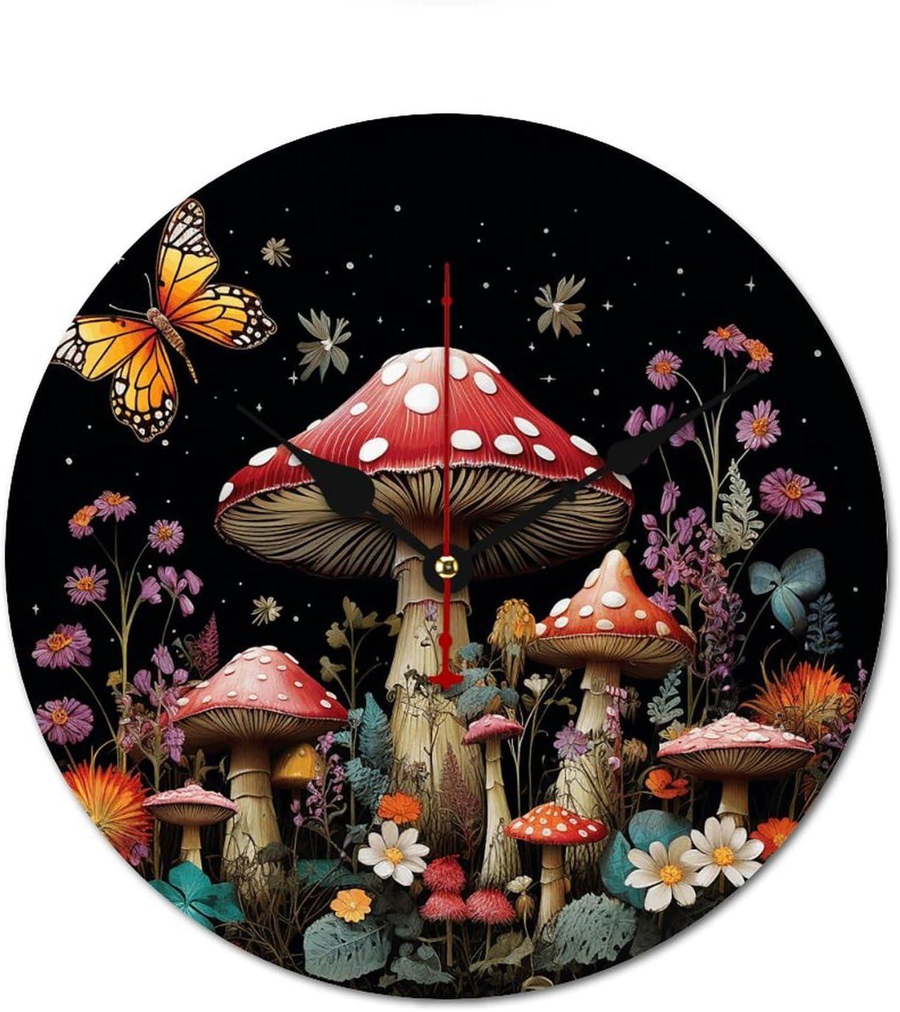 71grTvZ-5kL._AC_SL1500_.jpg Decorative Round Wooden Wall Clock Mushrooms and Butterflies on Black Background Modern Frameless No Scale Clock Non Ticking Clock Time Clocks for Home Bedroom Office Living Room 23.6 Inches