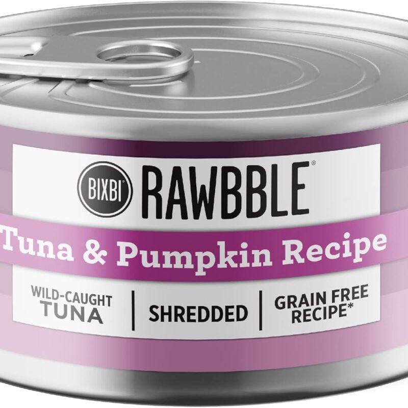 BIXBI Rawbble Shredded Tuna & Pumpkin Recipe Cans – Grain Free, Protein Rich Wet Cat Food – (5 Ounce Cans, Case of 24)