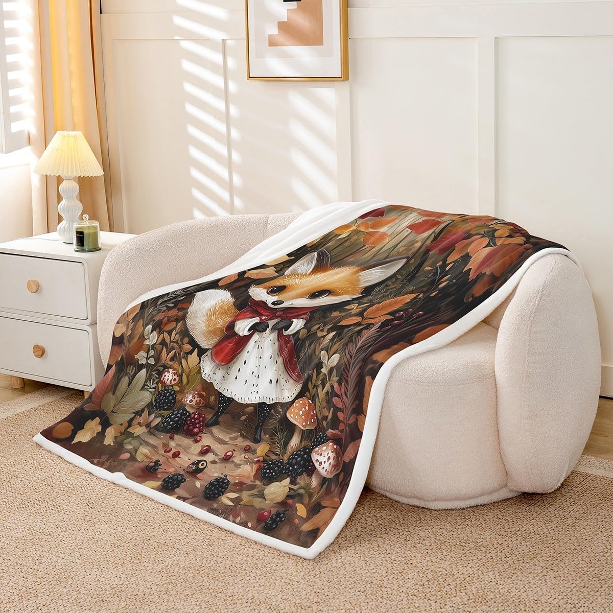 71hlOItGHPL._AC_SL1200_.jpg Cute Fox Throw Blanket,Mushroom Berry Fruits Blankets,Jungle Leaves Animals Fleece Blanket for Kids Girls Boys Teens Room Decor,Cartoon Fairy Tale Style Sherpa Blanket,for Chair/Sofa,90"×90" - Image 3
