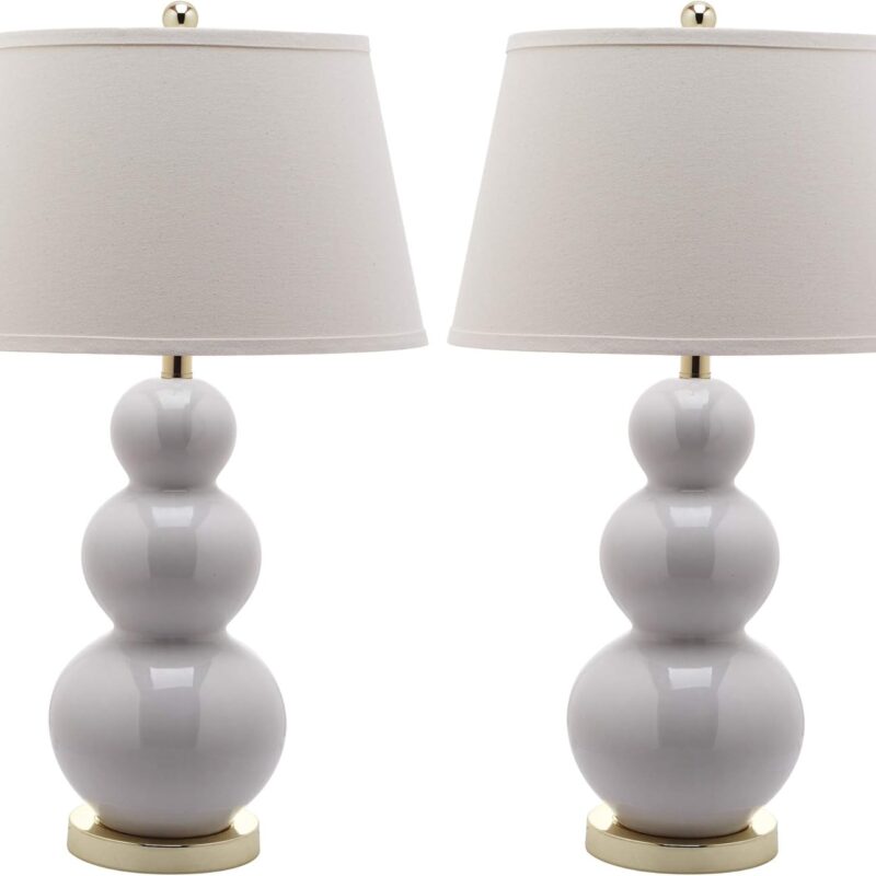 SAFAVIEH Lighting Collection Pamela Modern Contemporary White Triple Gourd Ceramic 27-inch Bedroom Living Room Home Office Desk Nightstand Table Lamp Set of 2 (LED Bulbs Included)