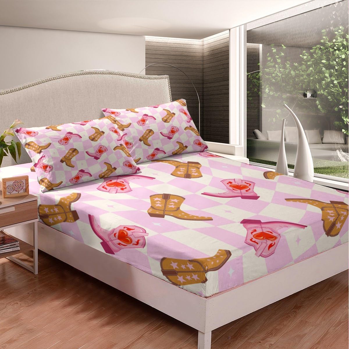 71hwxg6ccYL._AC_SL1200_.jpg Manfei Cowgirl Boots Bedding Set for Girls Boys Southwest Cowboys Fitted Sheet Pink Grid Checker Geometry Bed Cover Room Decor Pink Beige Brown Sheet Set with 2 Pillowcase,No Top Flat,Queen - Image 3