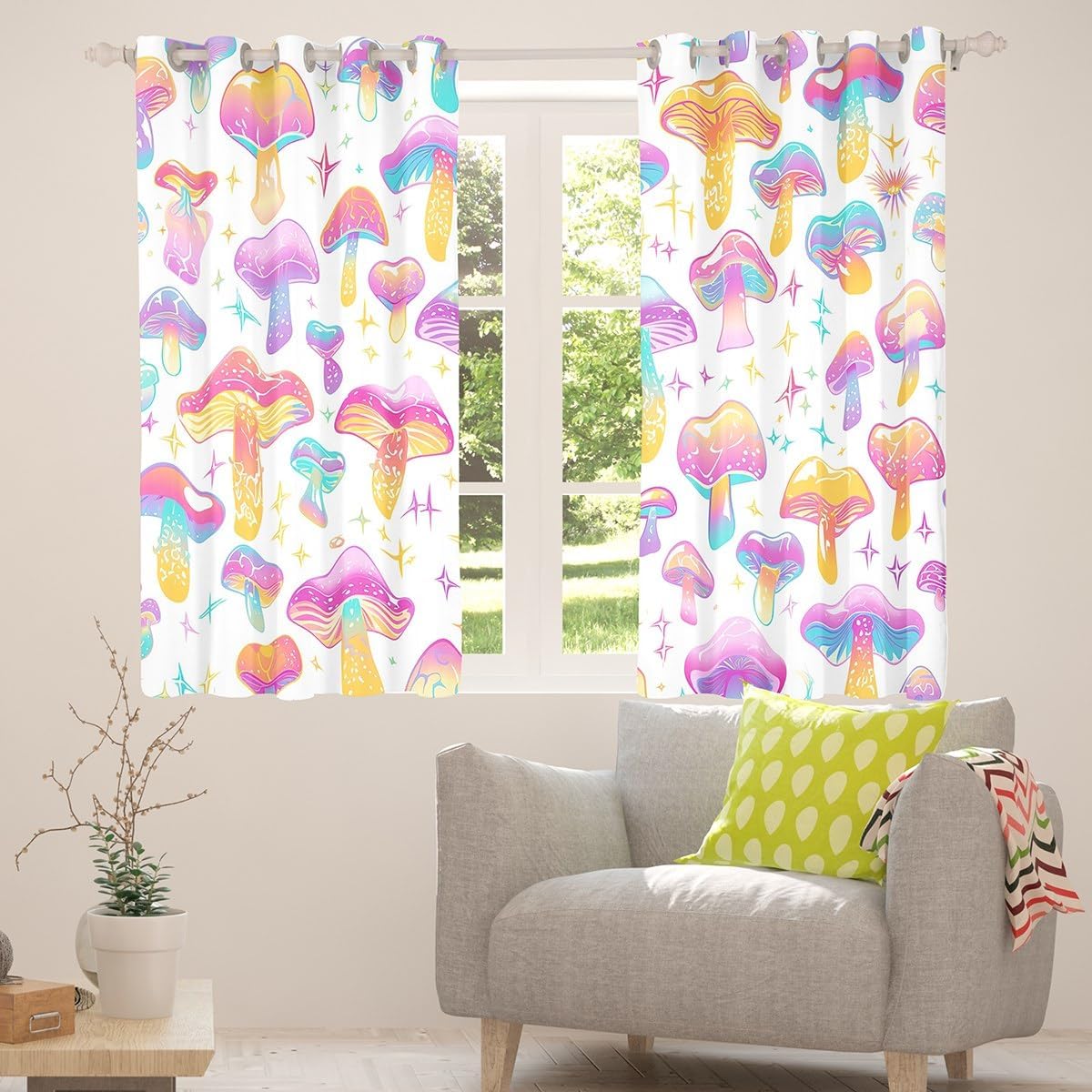 71i5jDCpML._AC_SL1200_.jpg Cute Mushroom Curtains for Bedroom Living Room (2 Panels, 52 x 84 Inch) Cartoon Mushrooms Blackout Curtains Kawaii Fungus 30%-50% Room Darkening Blackout Curtain Wild Mushroom Window Treatments - Image 4