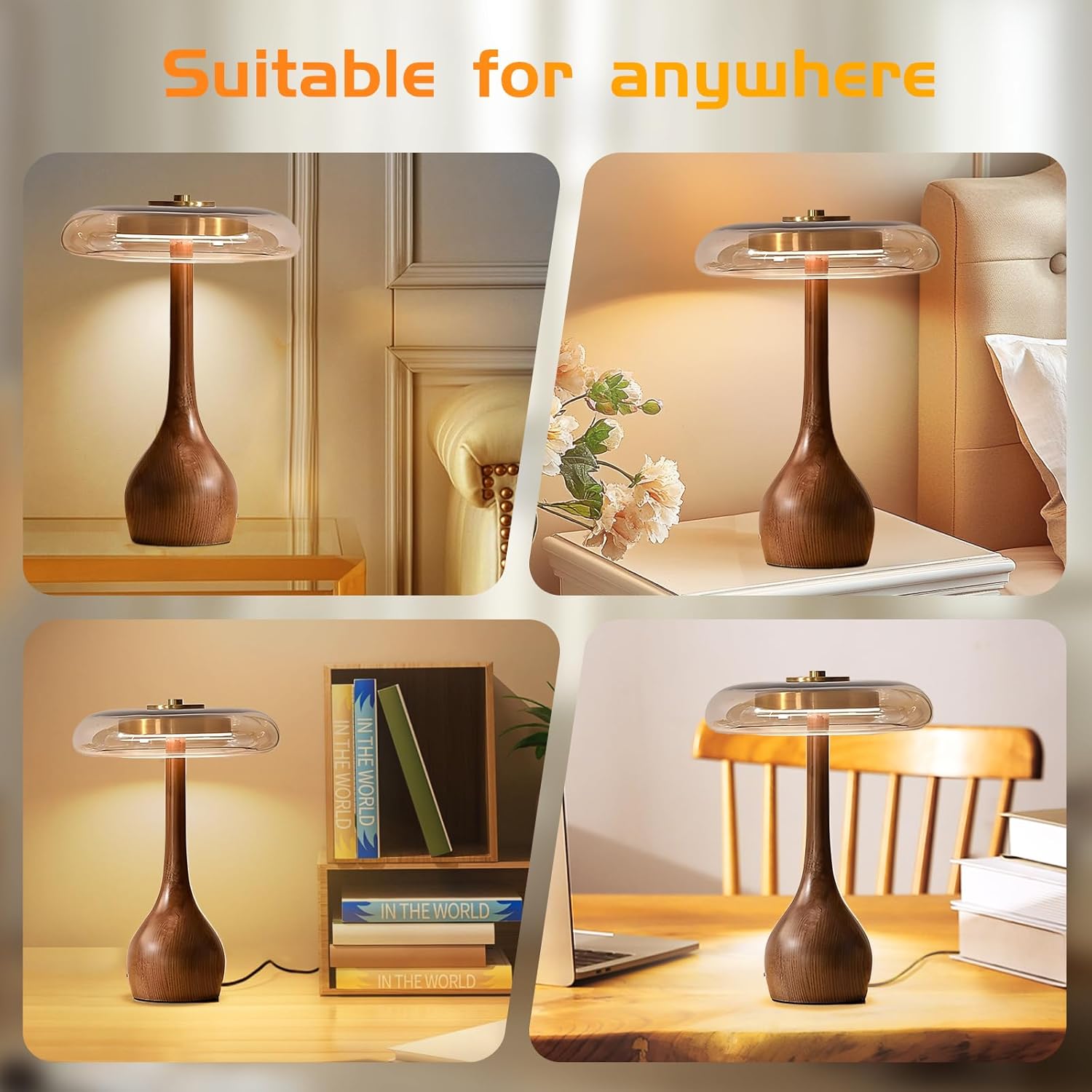 71iOFrueIHL._AC_SL1500_.jpg Small Table Lamp for Bedroom-Wooden Base Teardrop Mushroom Table Lamps,Amber Glass Shade,LED Three Color Temperature Adjustable Brightness Modern LED Side Table and Desk Lighting(H 12.4 in) - Image 7