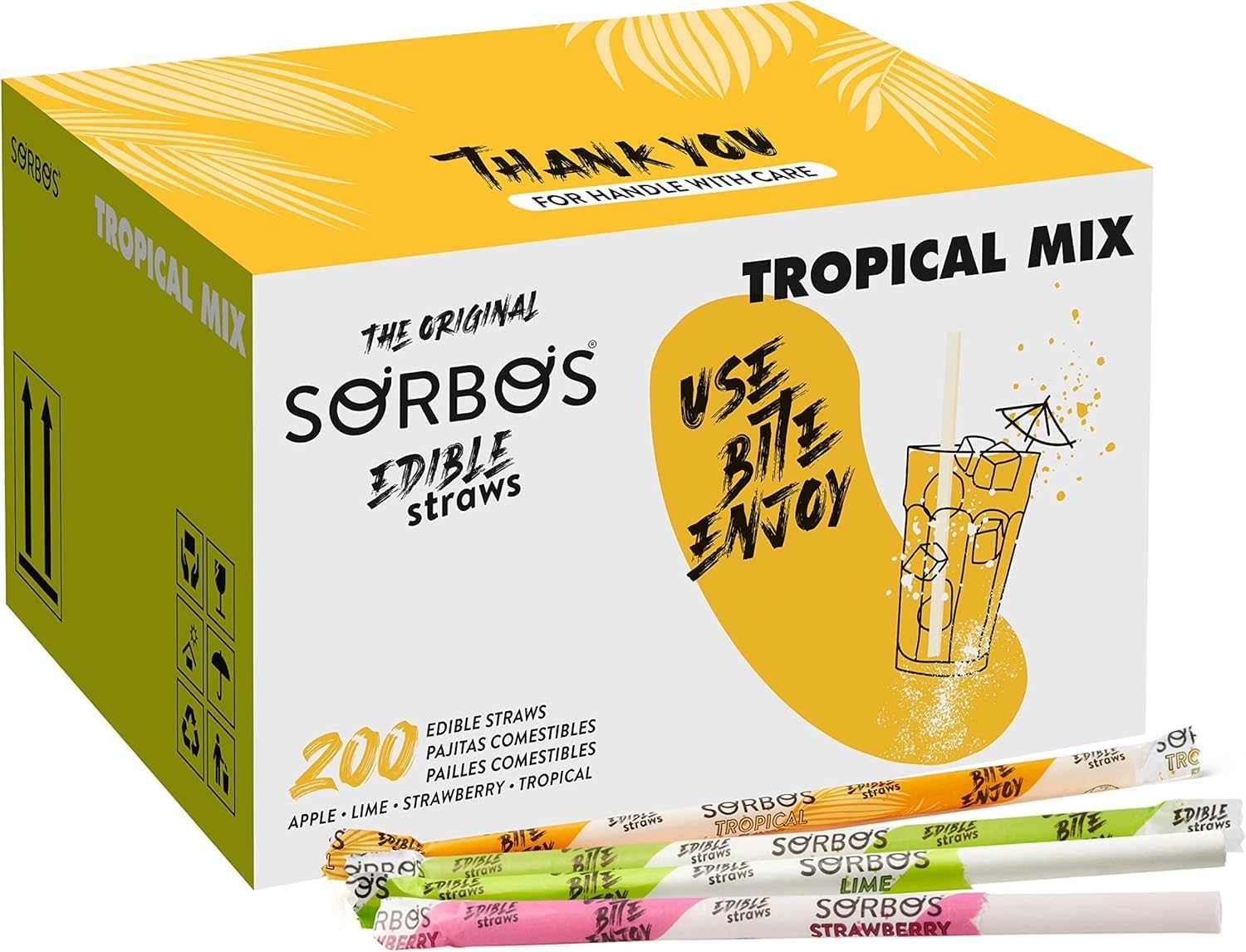 71jBbso44L._AC_SL1500_.jpg SORBOS Edible Straws, Tropical Mix Flavor Variety, Tropical, Strawberry, Lime, Apple, Individually Wrapped, No Allergens, No Gluten, 7.4 inches long (Pack of 200)