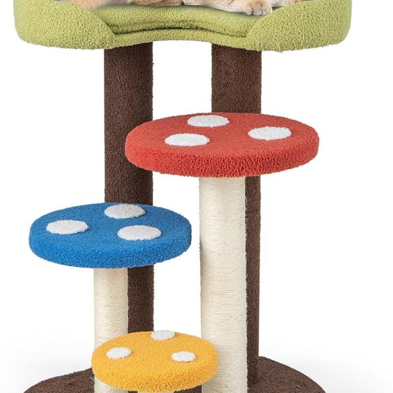 Tangkula Mushroom Cat Tree, Cute Cat Tower with Full-Wrapped Sisal Post, Unique Multi-Level Cat Activity Center, Cat Scratching Post with Bed for Indoor Cats Large Adult (37 Inch)