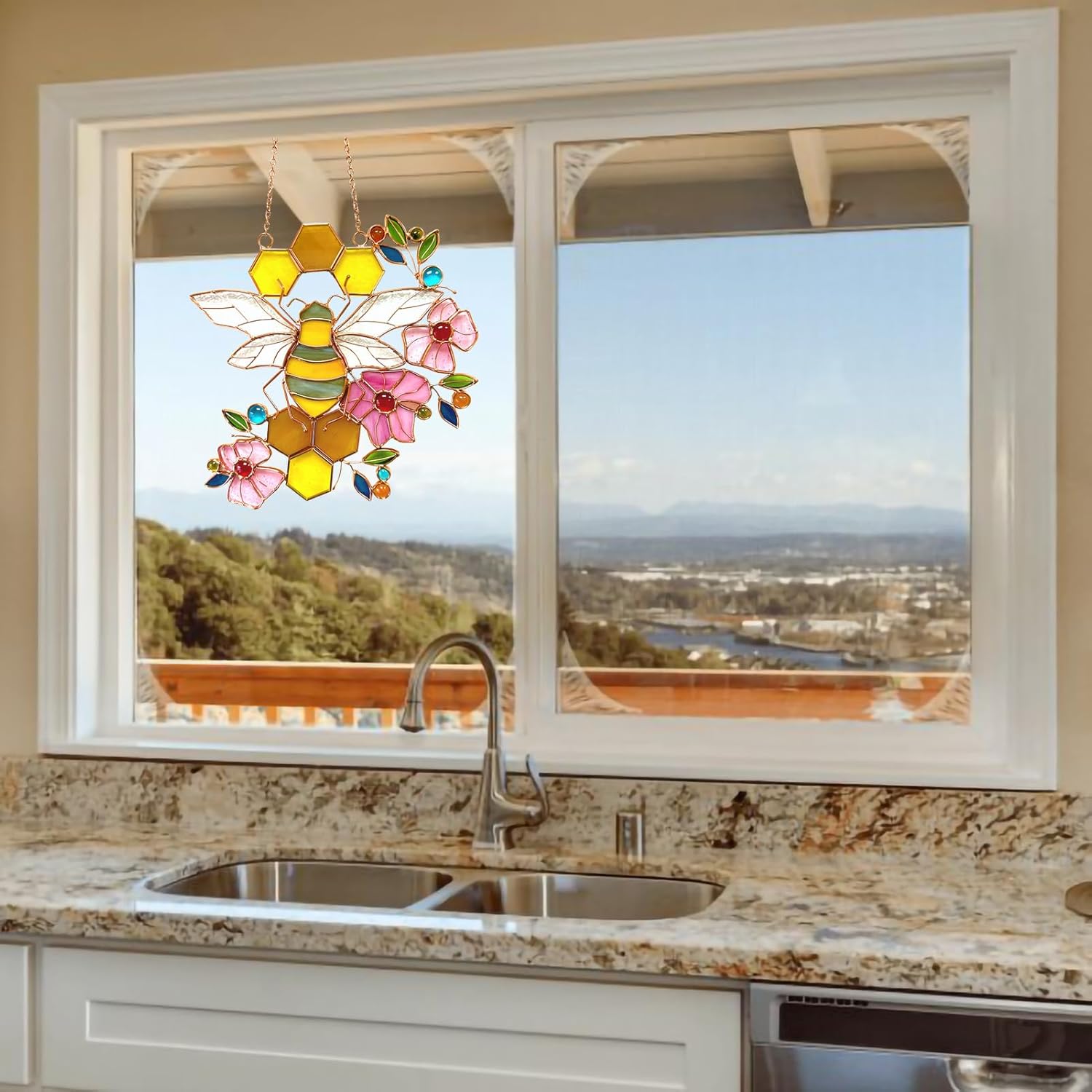 71jV352pp6L._AC_SL1500_.jpg Bee Ornament Suncatcher Stained Glass Window Hangings Suncatcher for Window Gifts for Beelovers Mothers - Image 4
