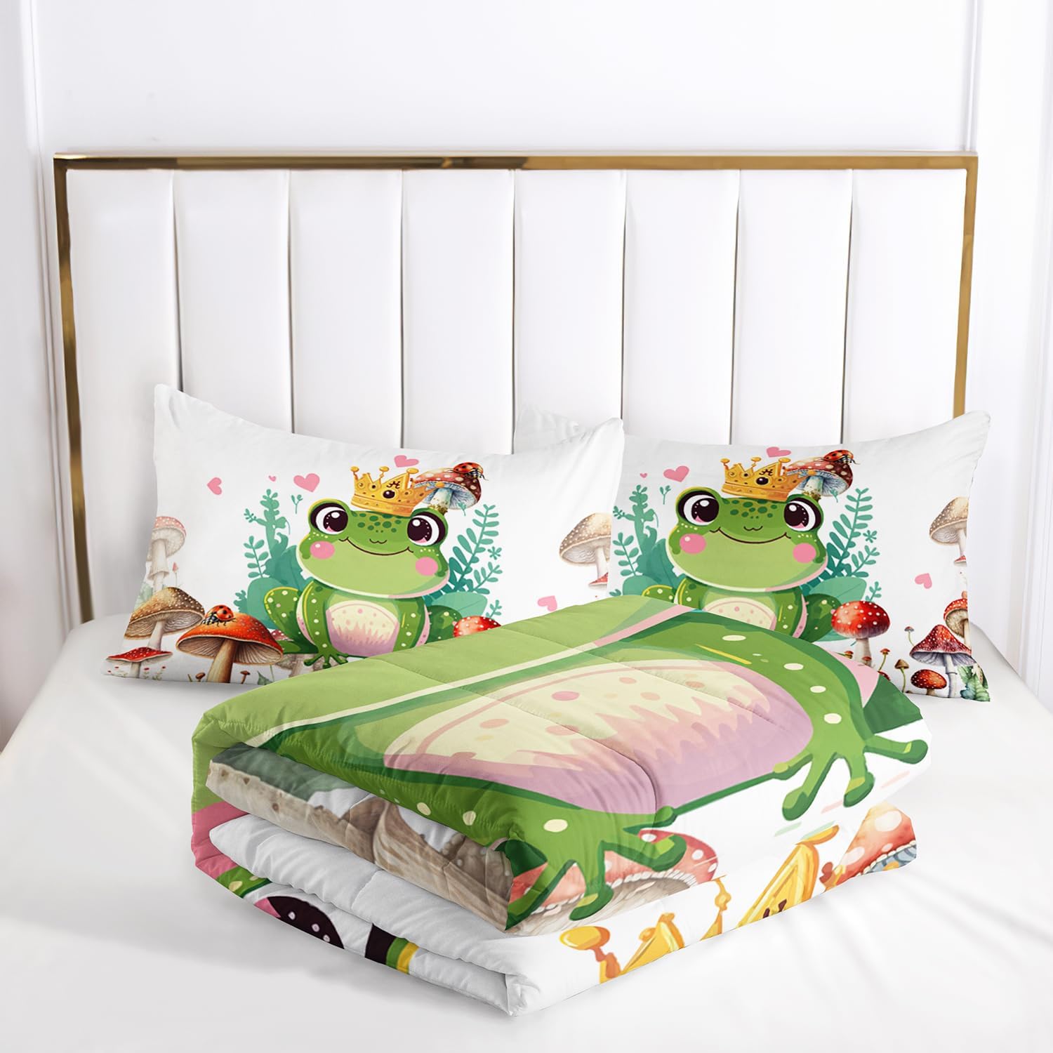71jq7Jx4ZKL._AC_SL1500_.jpg AILONEN Frog Comforter Set,Frog Mushrooms Comforter Bed in a Bag Bedding Set Twin Size for Teen Boys Kids Girls,Kawaii Amphibious Animal Duvet Set,3 Pieces,1 Comforter + 2 Pillow Shams - Image 5