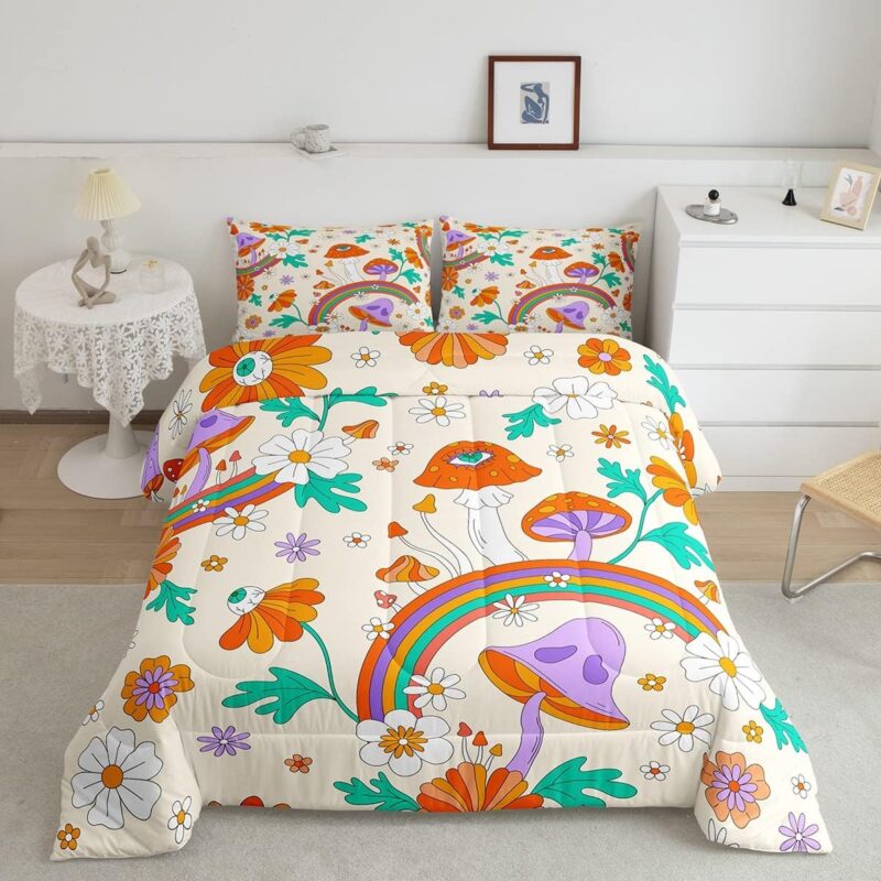 Feelyou Mushroom Comforter Set Rainbow Eyed Print Bedding Set Retro 60S 70S Floral Comforter Flowers Groovy Quilted Duvet Set for Kids Boys Girls Queen Size with 2 Pillow Case
