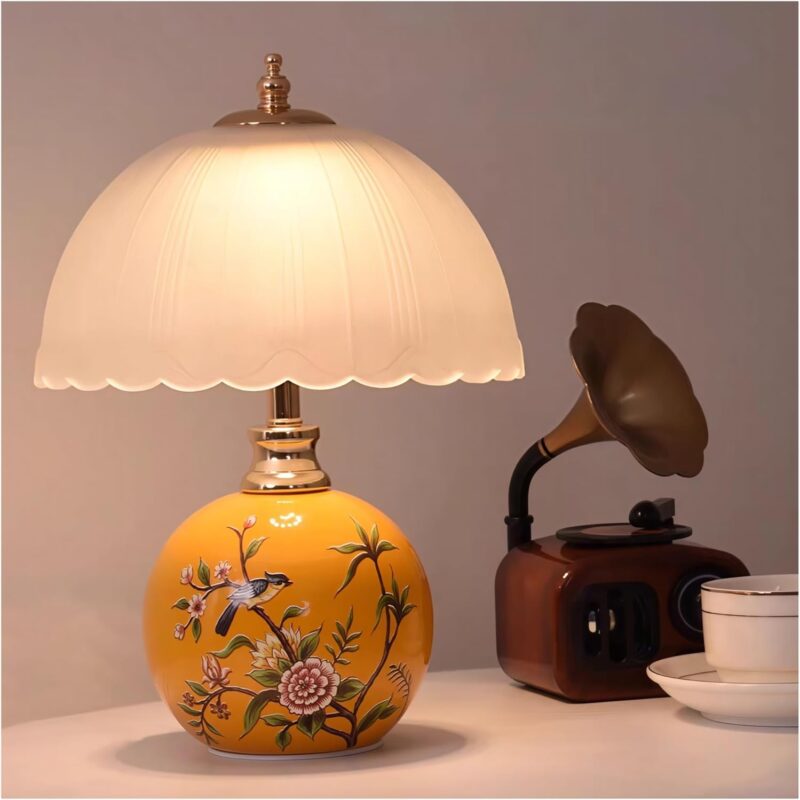 Vintage Ceramic Mushroom Lamp with Overglaze Painting, 12" Retro Bedside Table Lamp with 3 Color Temps, Cheerful Yellow Accent Light for Bedroom, Living Room, Nightstand Decor(Yellow)