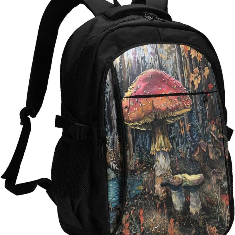 Fantastic mushroom forestClassical Travel Backpack with USB Charging Port and Music Jack Perfect for Men, Women,with Laptop Compartmen. ﻿