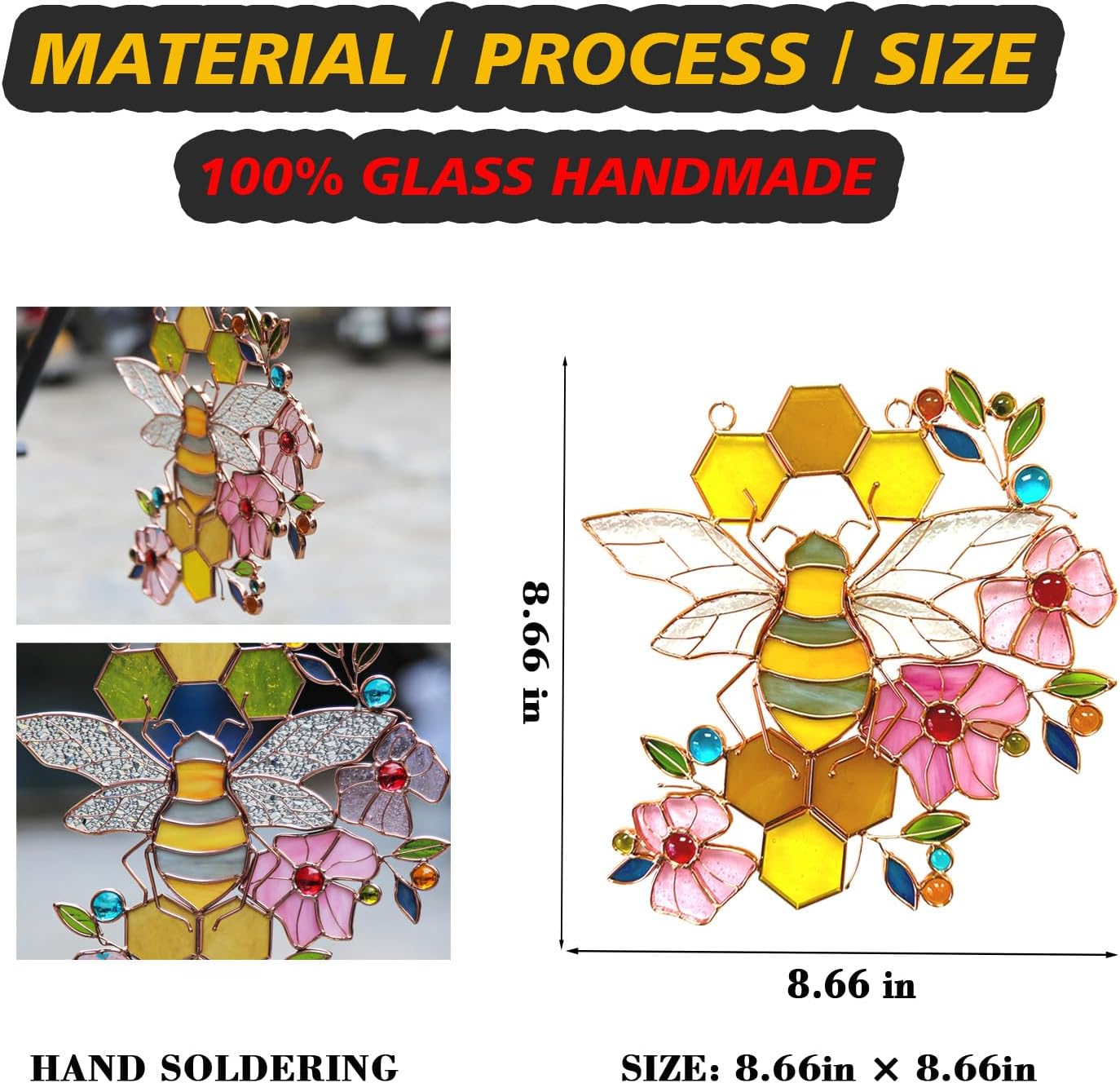 71lvO23IS-L._AC_SL1500_.jpg Bee Ornament Suncatcher Stained Glass Window Hangings Suncatcher for Window Gifts for Beelovers Mothers - Image 2