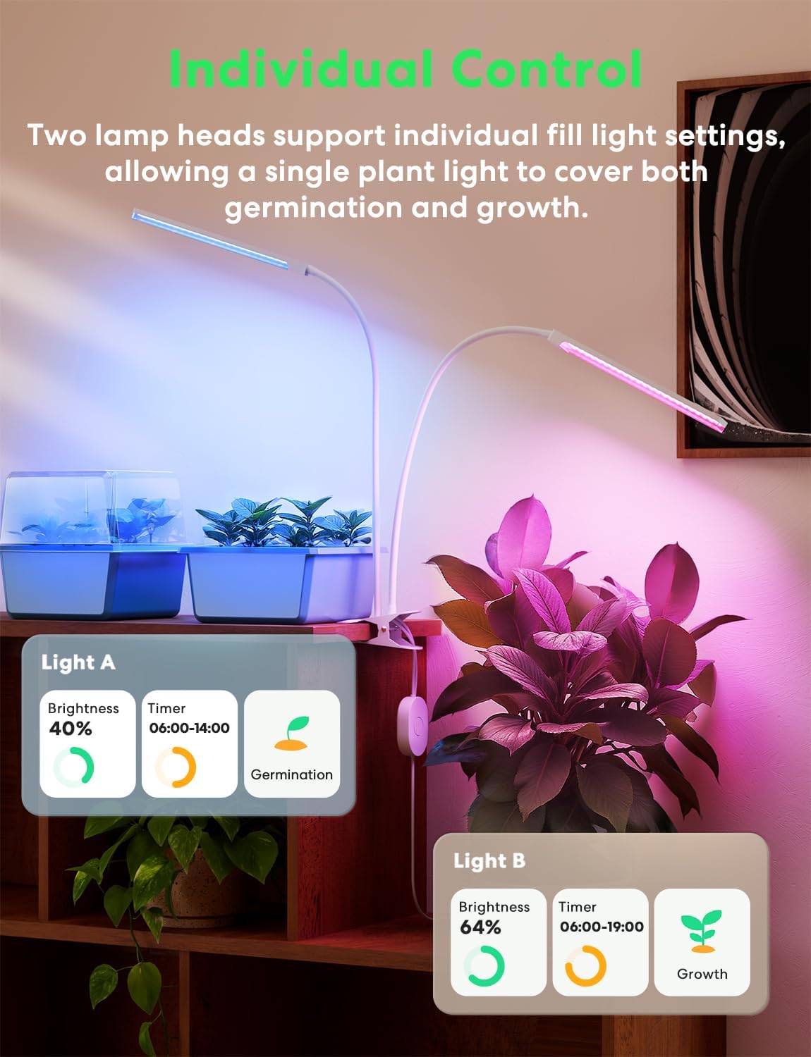 71mIsdwwMSL._AC_SL1500_.jpg Smart Plant Lights for Indoor Growing, 2025 Brightest 2500lm Grow Lights for Indoor Plants Full Spectrum, Ideal Clip Plant Grow Light, 24H Timer, APP Control, Alexa - Image 3