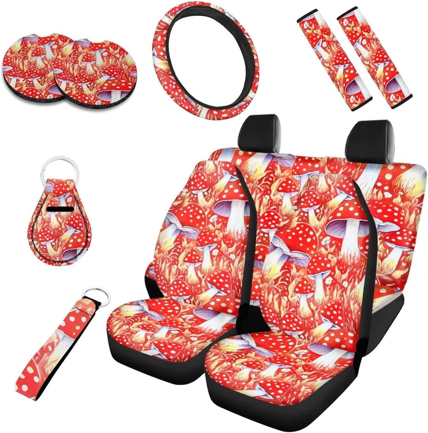71nX0kplnpL._AC_SL1500_.jpg Cartoon Mushroom Print 10 Set Car Seat Covers Full Set Red Mushrooms Painting Front and Back Seats Protectors Covers Sedan, Truck, SUV, Van, Most Bucket Seats for Women