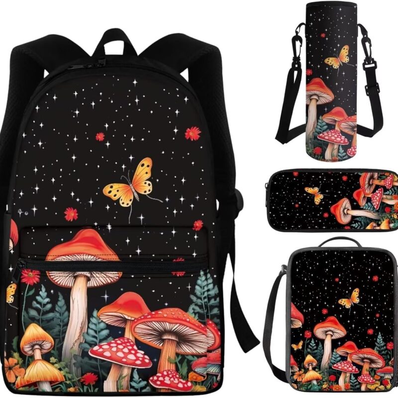 Dreaweet Mushroom Backpack with Lunchbox for Girls 10-12 12-14 5th Grade/6th Grade Bookbag with Lunch Box and Water Bottle Sleeve Pencil Case Elementary School Bag with Matching Lunch Bag Set of 4