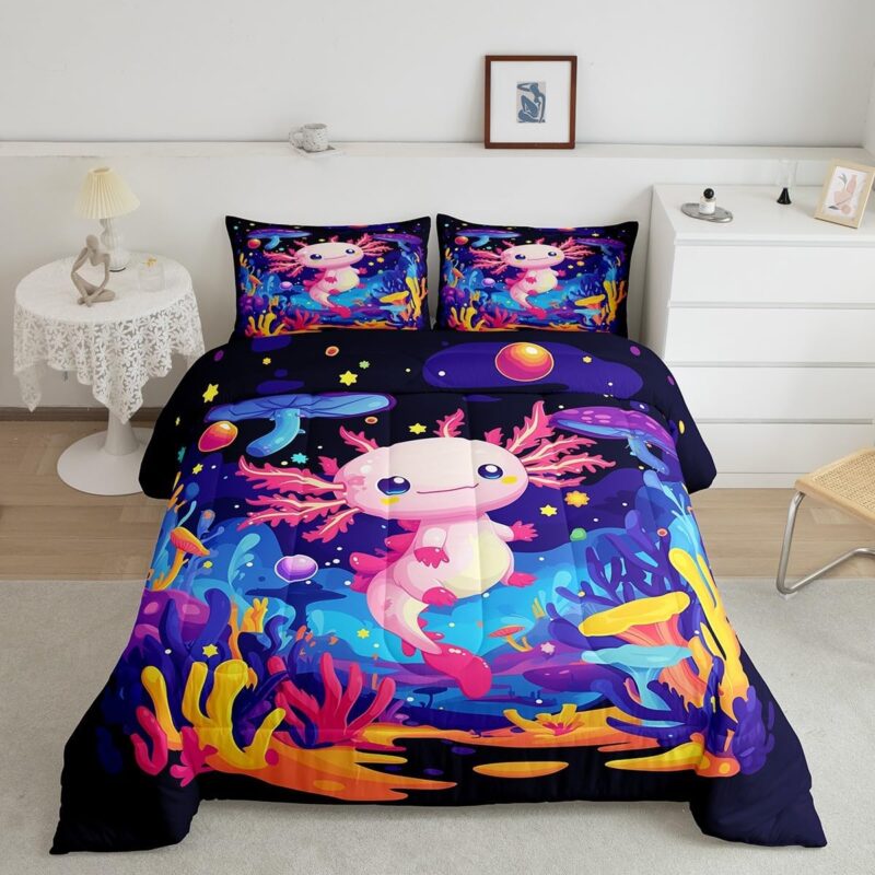 Cute Axolotl Comforter Set for Kids Girls Women Twin Size,Pink Ocean Sealife Salamander Bedding Set Room Decor,Trippy Colorful Mushroom Quilt Set Dreamy Stars Night Duvet Insert 2Pcs,1 Pillowcase
